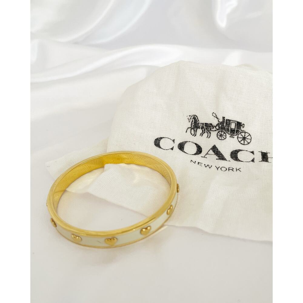 COACH Classic Bangle Bracelet Gold Tone Metal White Enamel Heart Accents